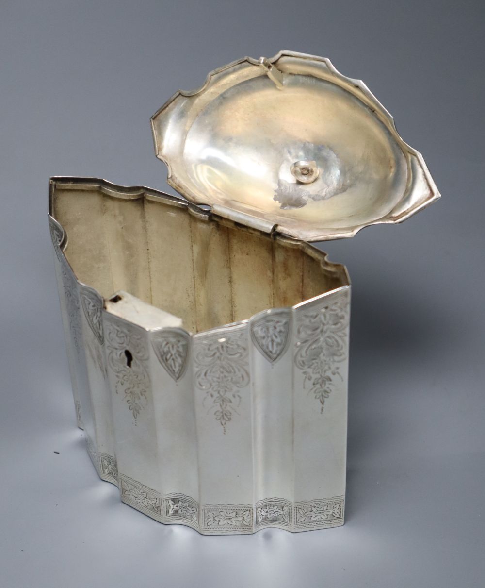 A late Victorian 18th century style shaped oval tea caddy, John Edward Wilmot, Birmingham, 1894 (repaired),